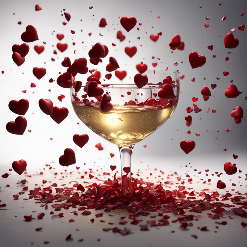 Red Hearts on Wine Glass: Hyperrealistic Digital Art