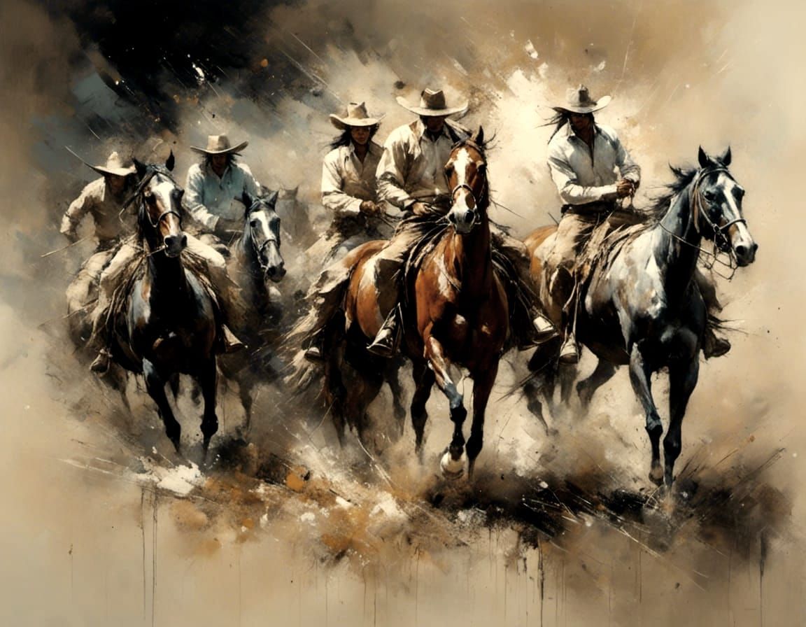 Cowboys and a cowgirl ride through the high desert land