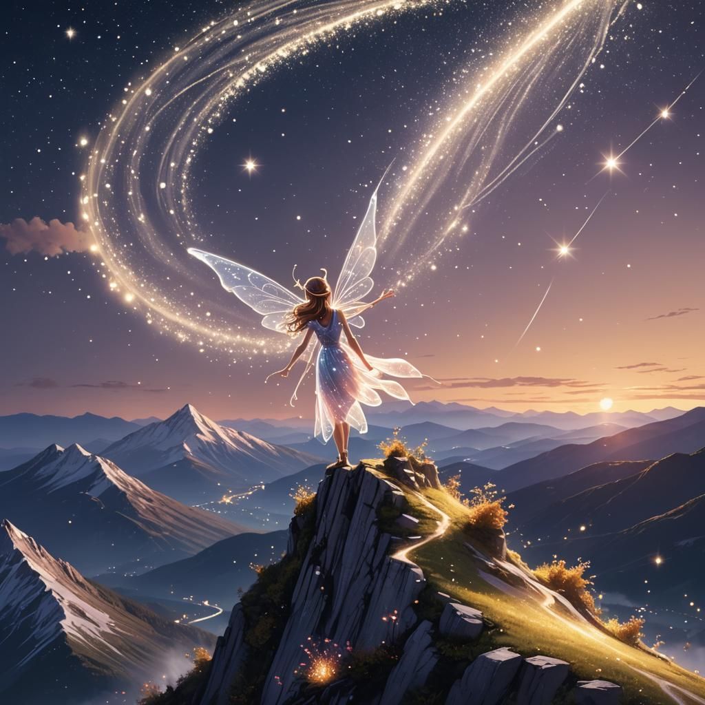 Fairy on Mountain Top with Comet and Stars