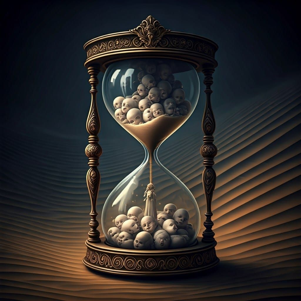 Baroque Hourglass Overflowing with Doll Heads