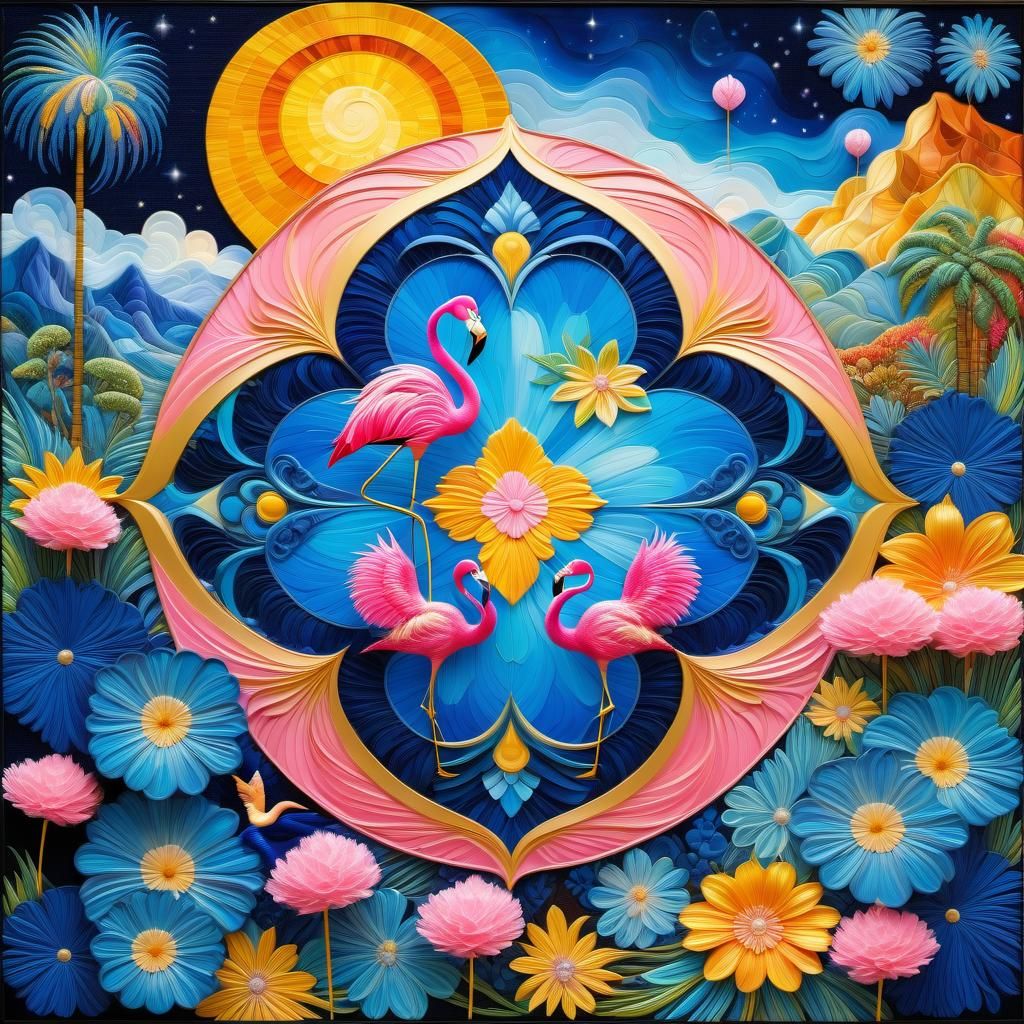 Flamingos Painting in Van Gogh Style with Starry Flowers