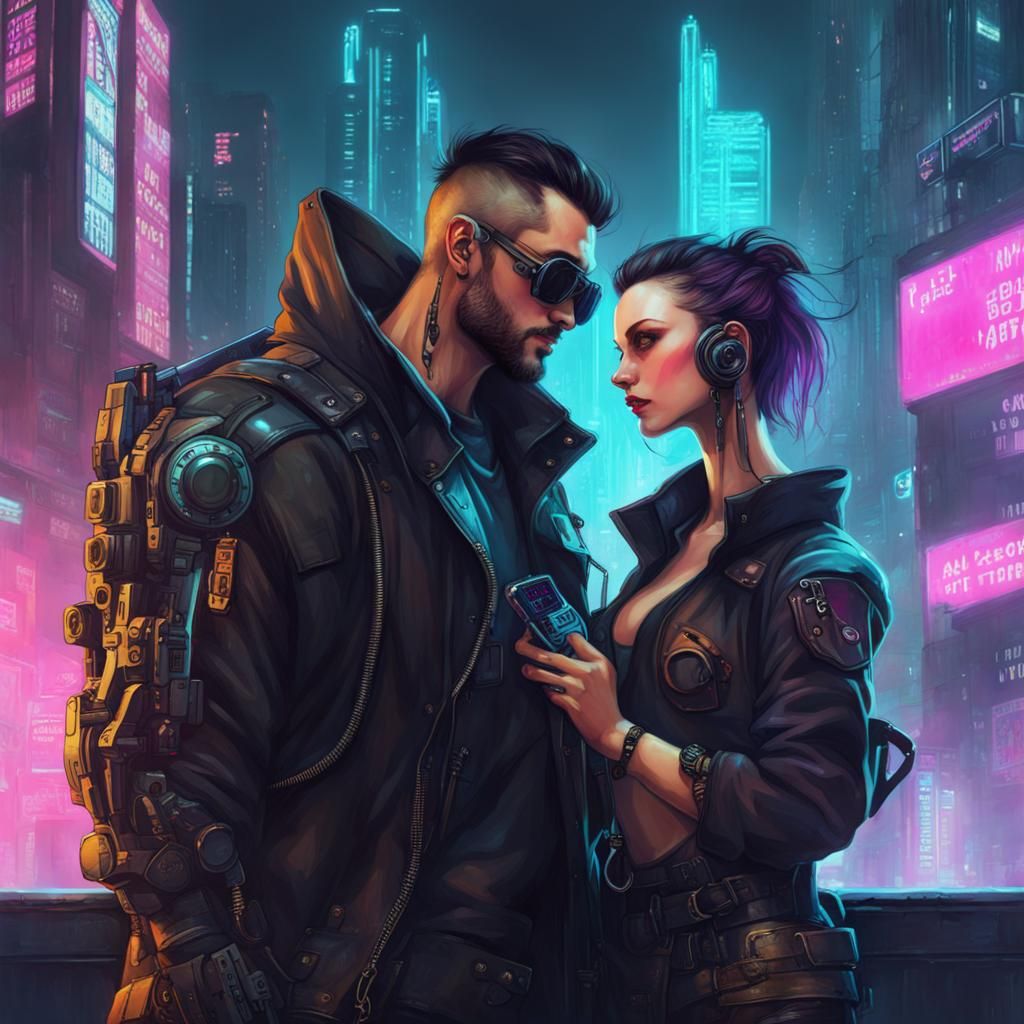 Cyberpunk Lovers Embrace in Neon Cityscape