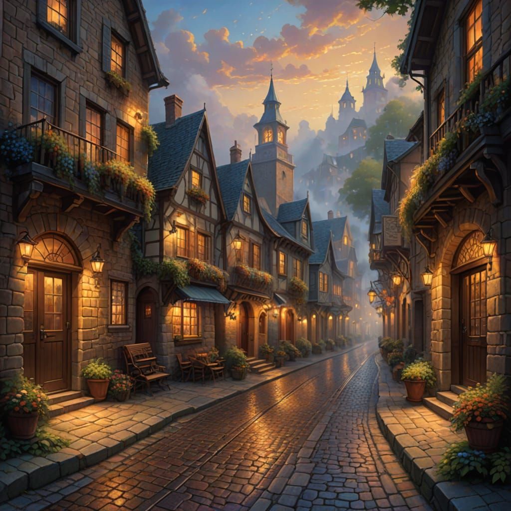 Quaint Old Town at Night, Ethereal Mist, Warm Glow