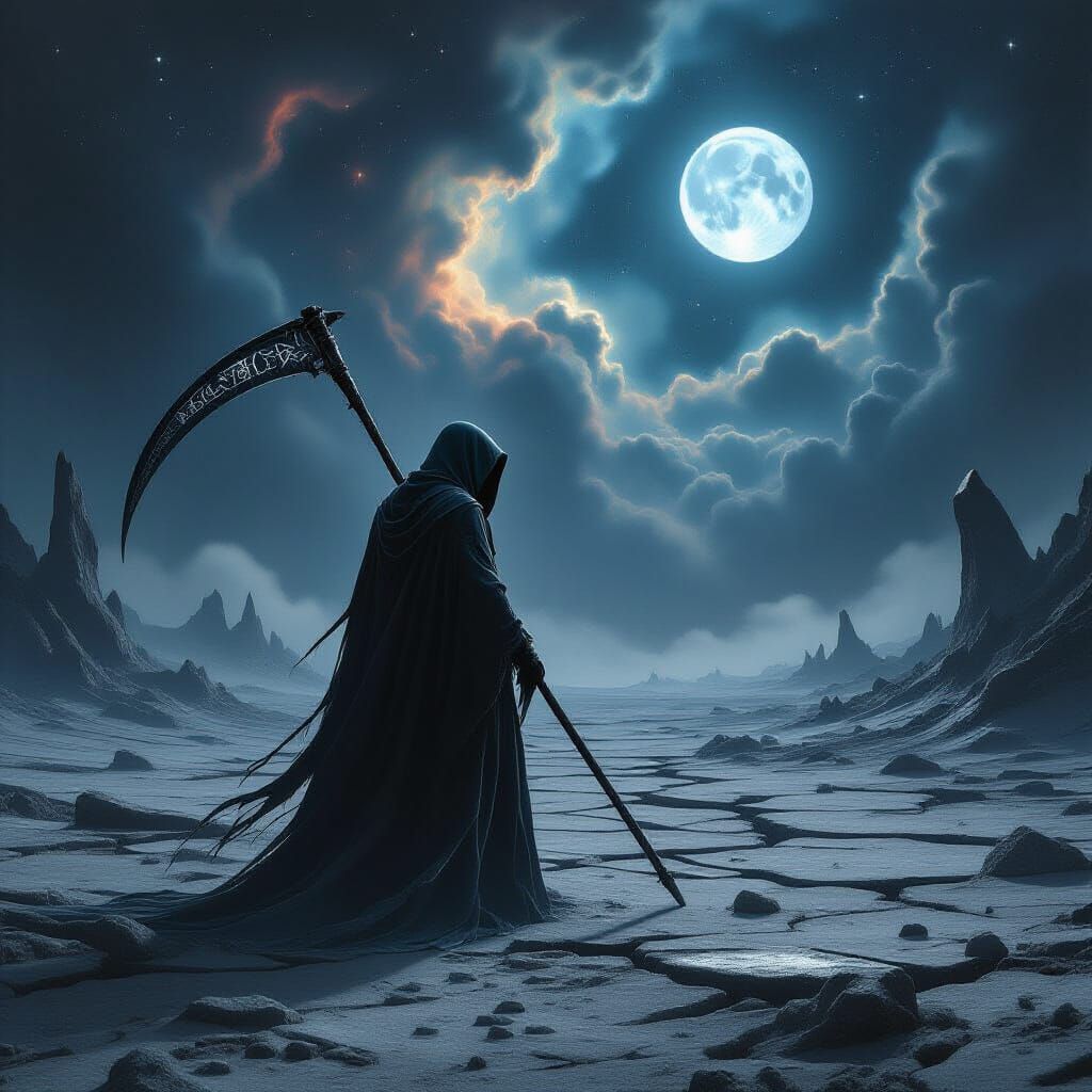 Grim Reaper on Alien Planet with Cosmic Scythe