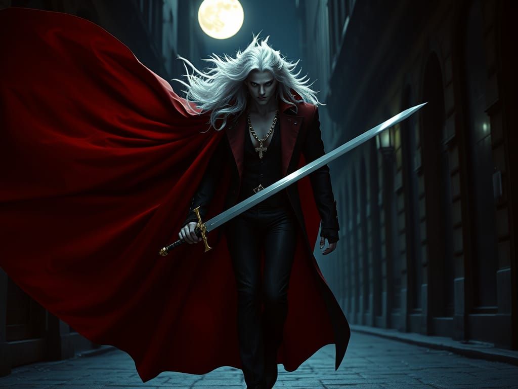 show full body Alucard vampire  flying white hair glowing blue  eyes aura with red cape gold holy cross chain, from Cast...