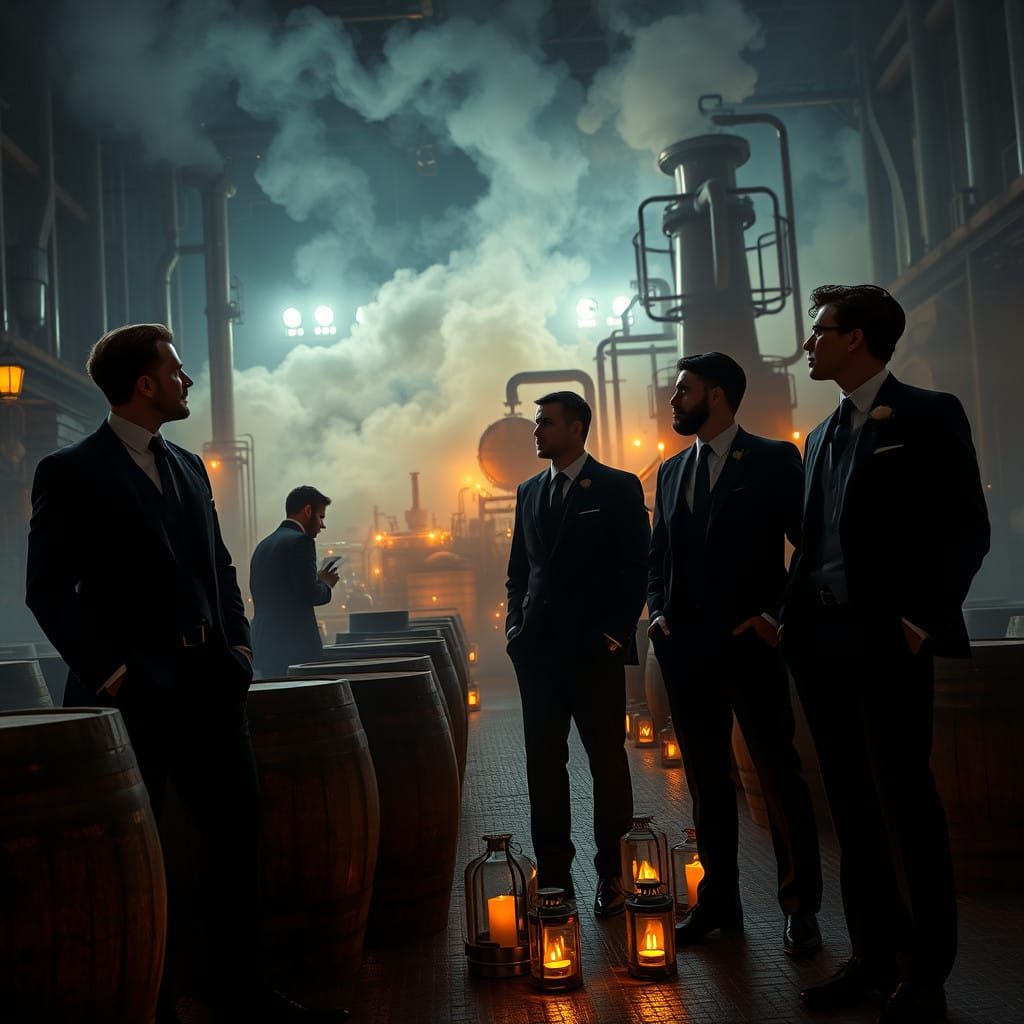 Men in Black Suits Stand at Bourbon Distillery's Threshold t...