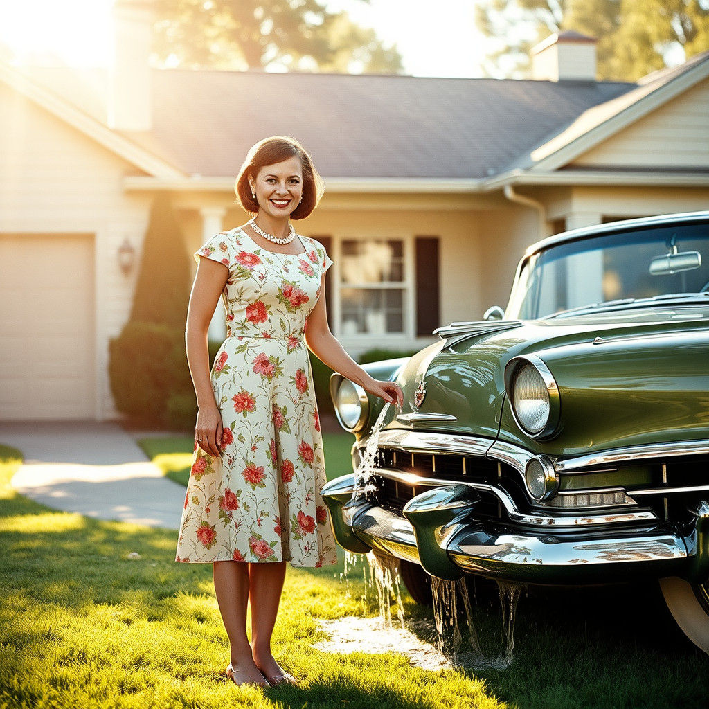 1950s Housewife Washing Car in Sunny Suburbia