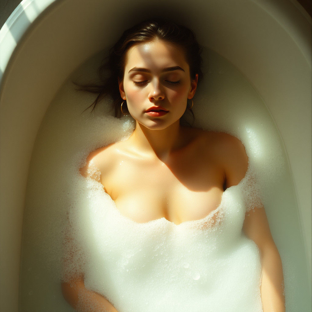 Goddess Bathes in Porcelain Tub, Cinematic Still