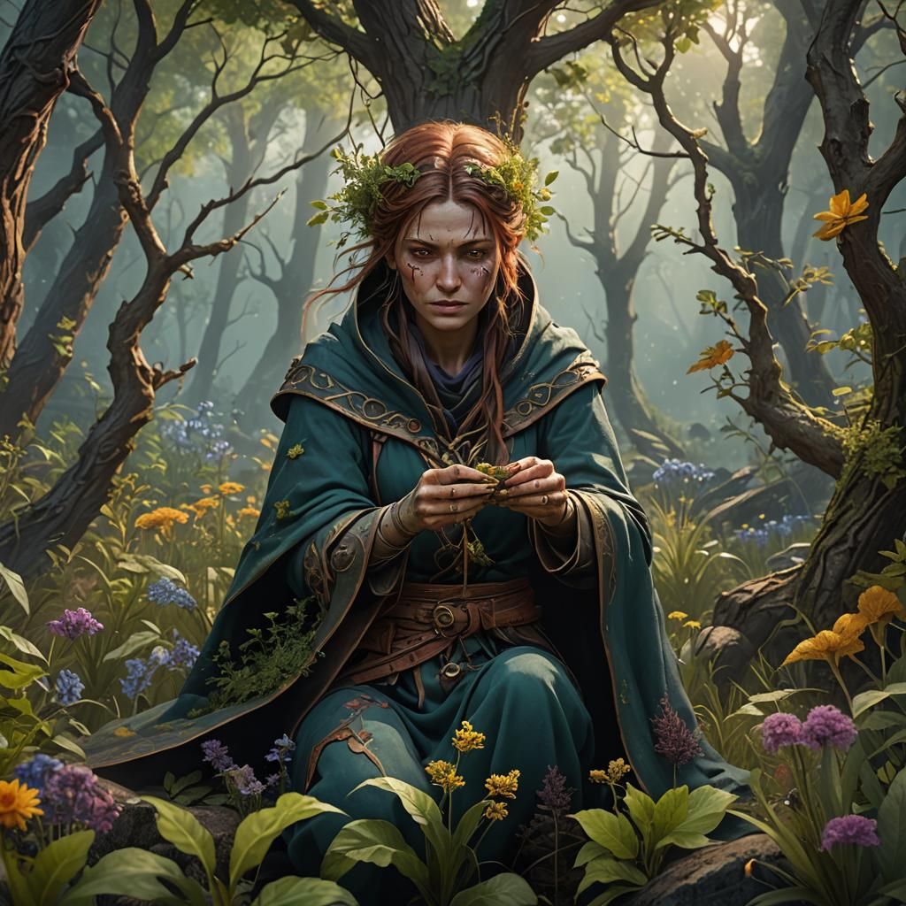 Wildwoods Healer Foraging Herbs: Fantasy Concept Art