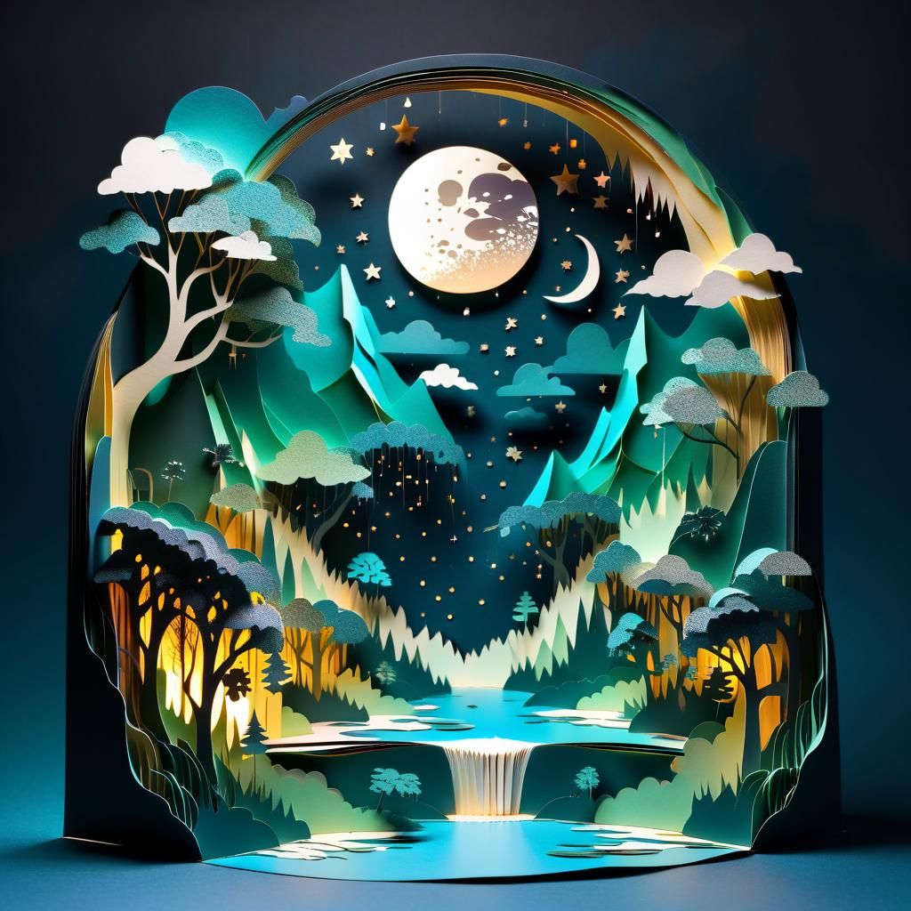 Papercut Fantasy Landscape with Crescent Moon