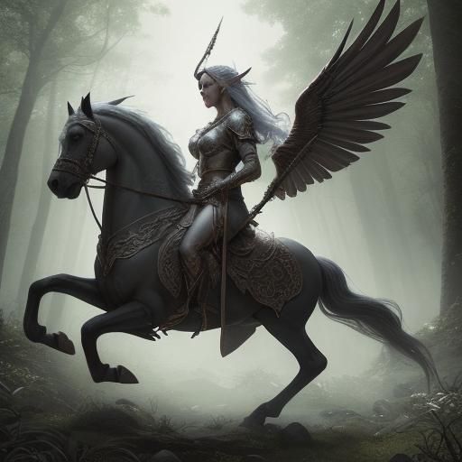 Elven Warrior on Pegasus Pursued Through Forest