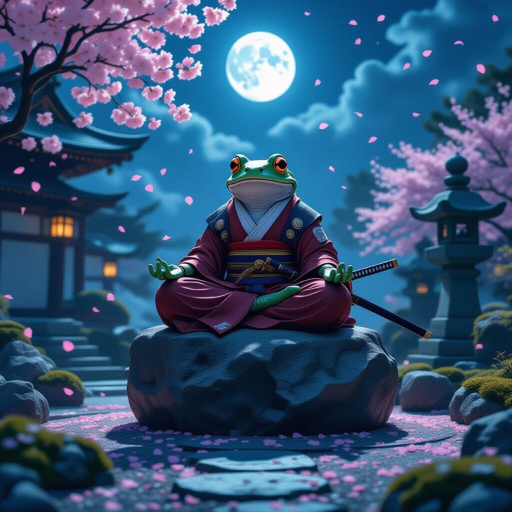 Cybernetic Frog Meditating Atop Stone Golem in Zen Garden