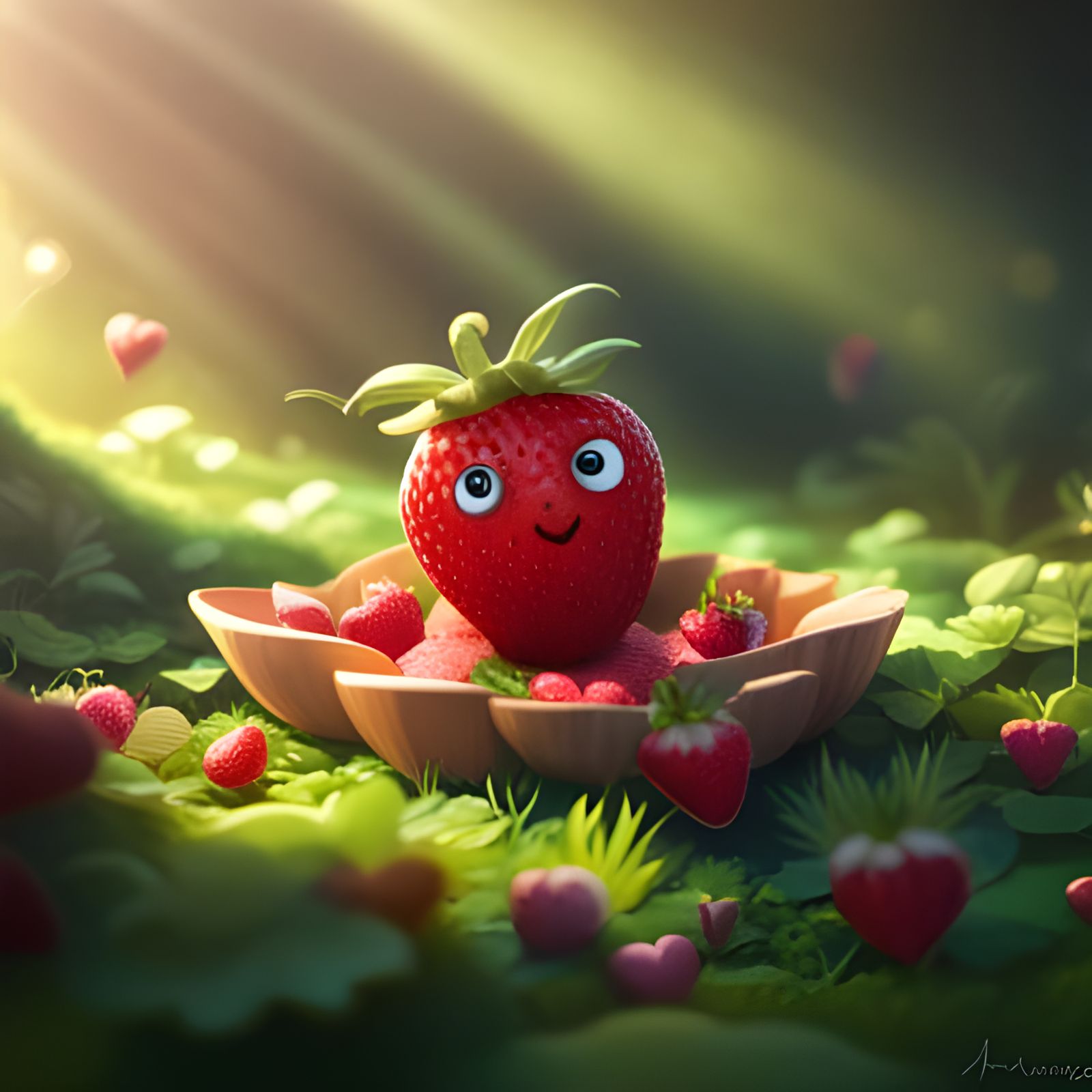 Adorable Strawberry Surrounded by Hearts and Flowers