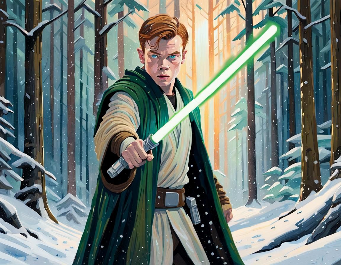 Jedi with Lightsaber in Snowy Forest, as Gouache Painting