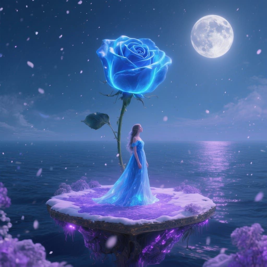 Glowing Blue Rose Dreamscape with Ethereal Girl