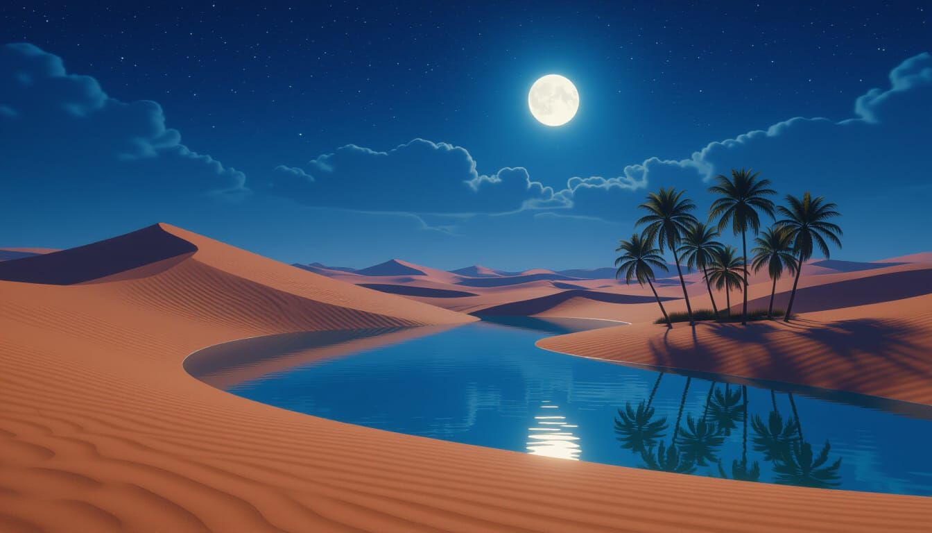 Hyperrealistic Desert Oasis Under Starry Moonlit Sky
