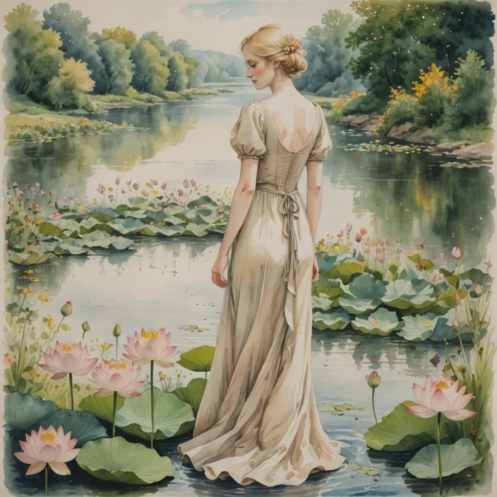 Woman with Wildflowers by Lotus River in Watercolor