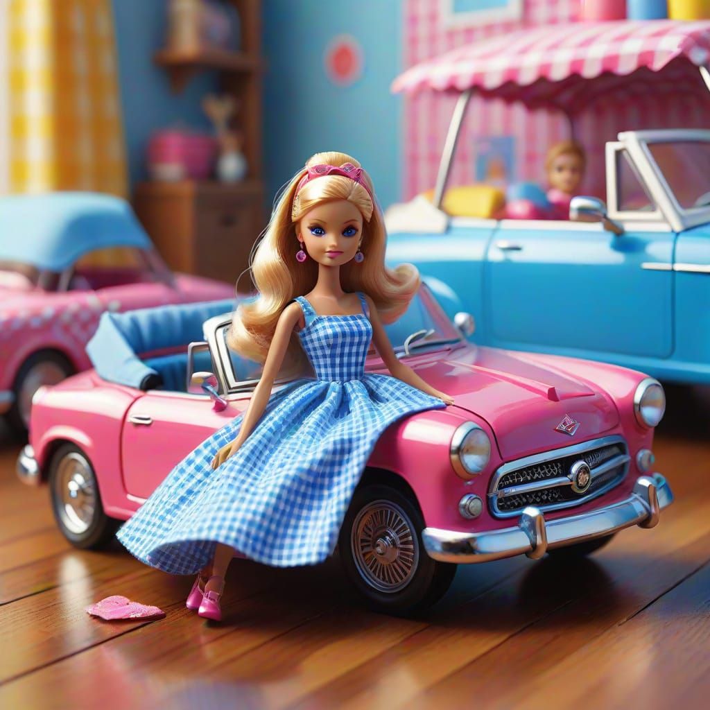 Barbie in Bright Pink Convertible with Gingham Dress