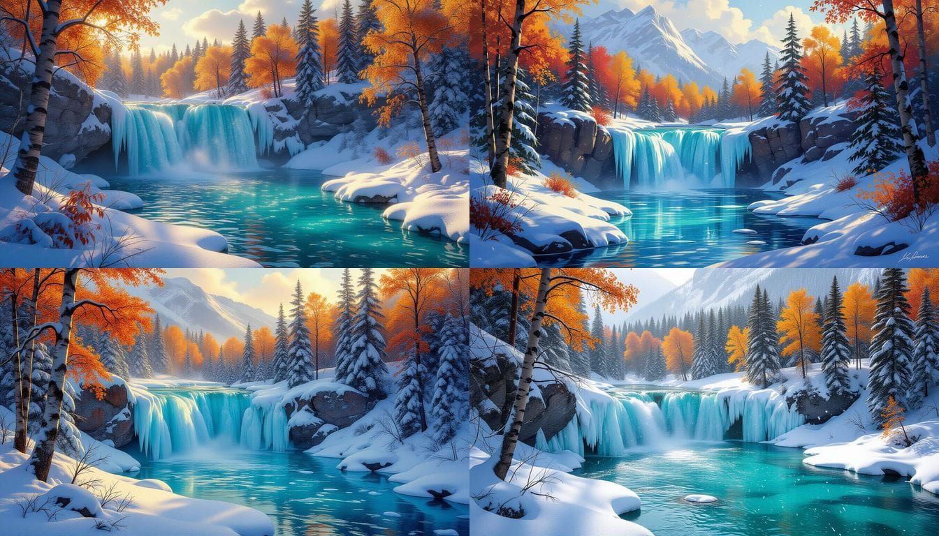 Autumn Snowfall Over Frozen Turquoise Waterfall in Canadian ...