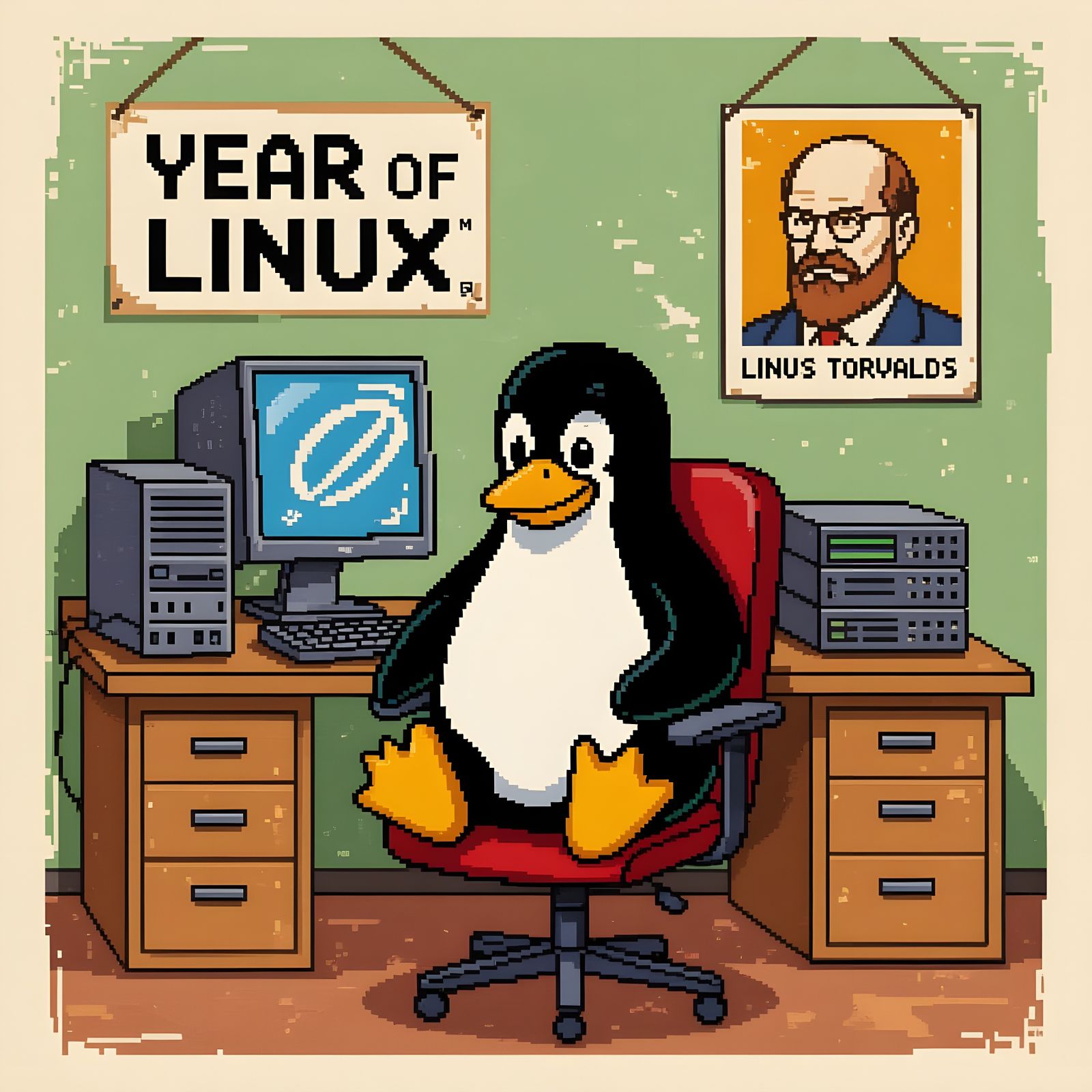 Tux in Office: A Retro Pixel Art Tribute