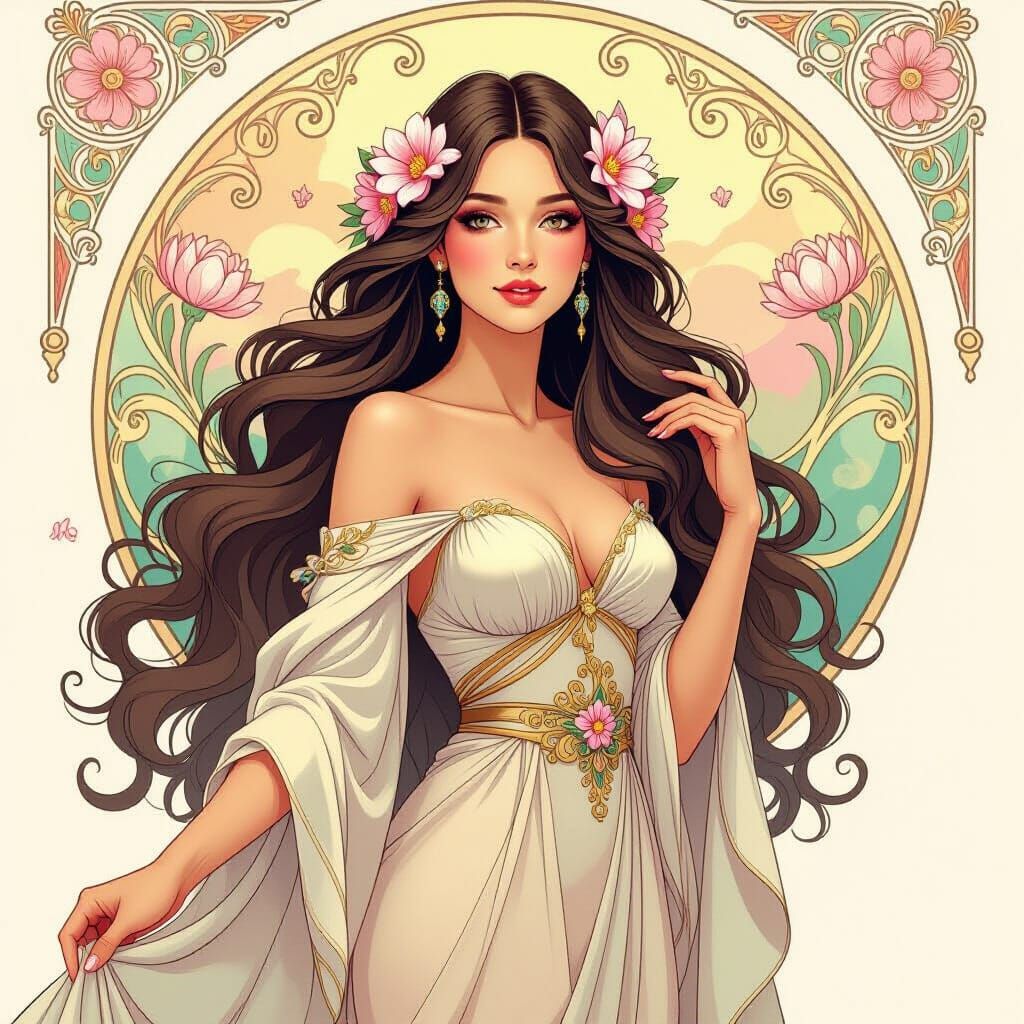 Woman with Flower Petal Hair in Art Nouveau Style