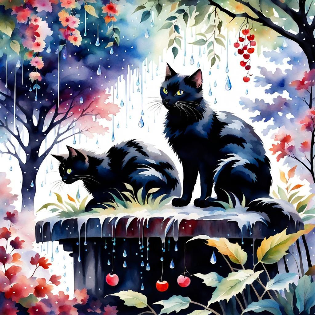 Black Cat and Kitten in Rainy Watercolor Scene