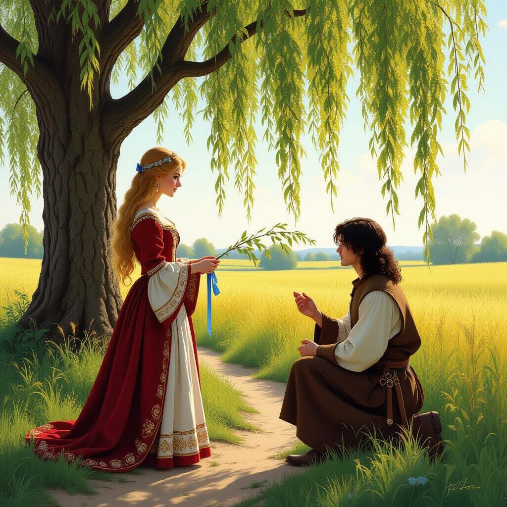 Romantic Proposal Under Willow Tree: Whimsical Art