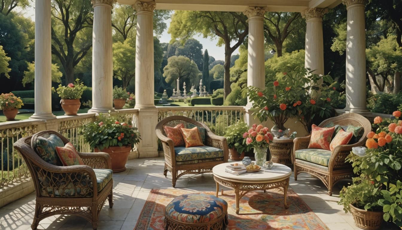 Formal Garden Terrace with Wicker Furniture