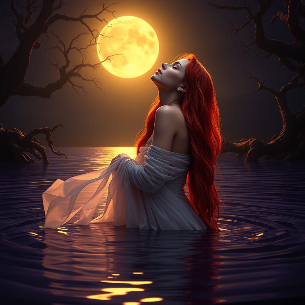 Ethereal Goddess Under Moonlit River