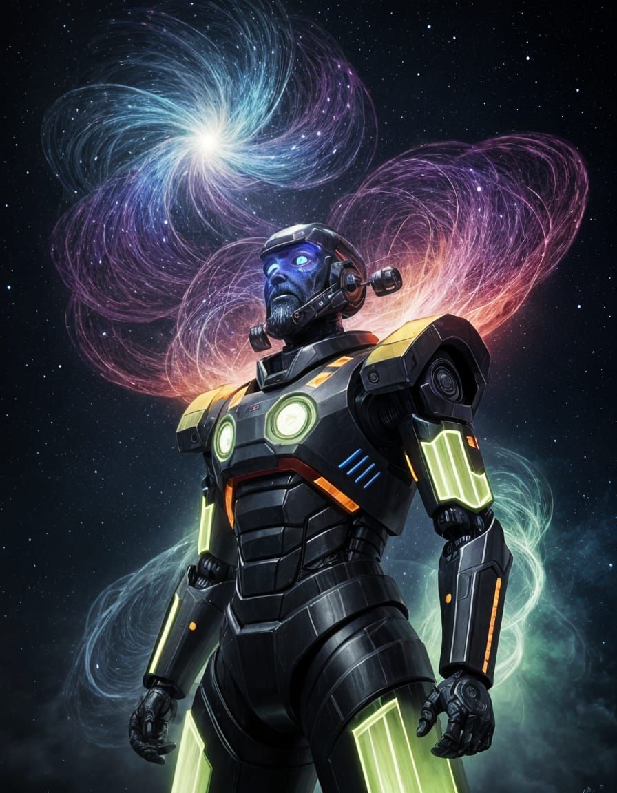 Robot with Fiery Beard: Holographic Cosmic Illustration