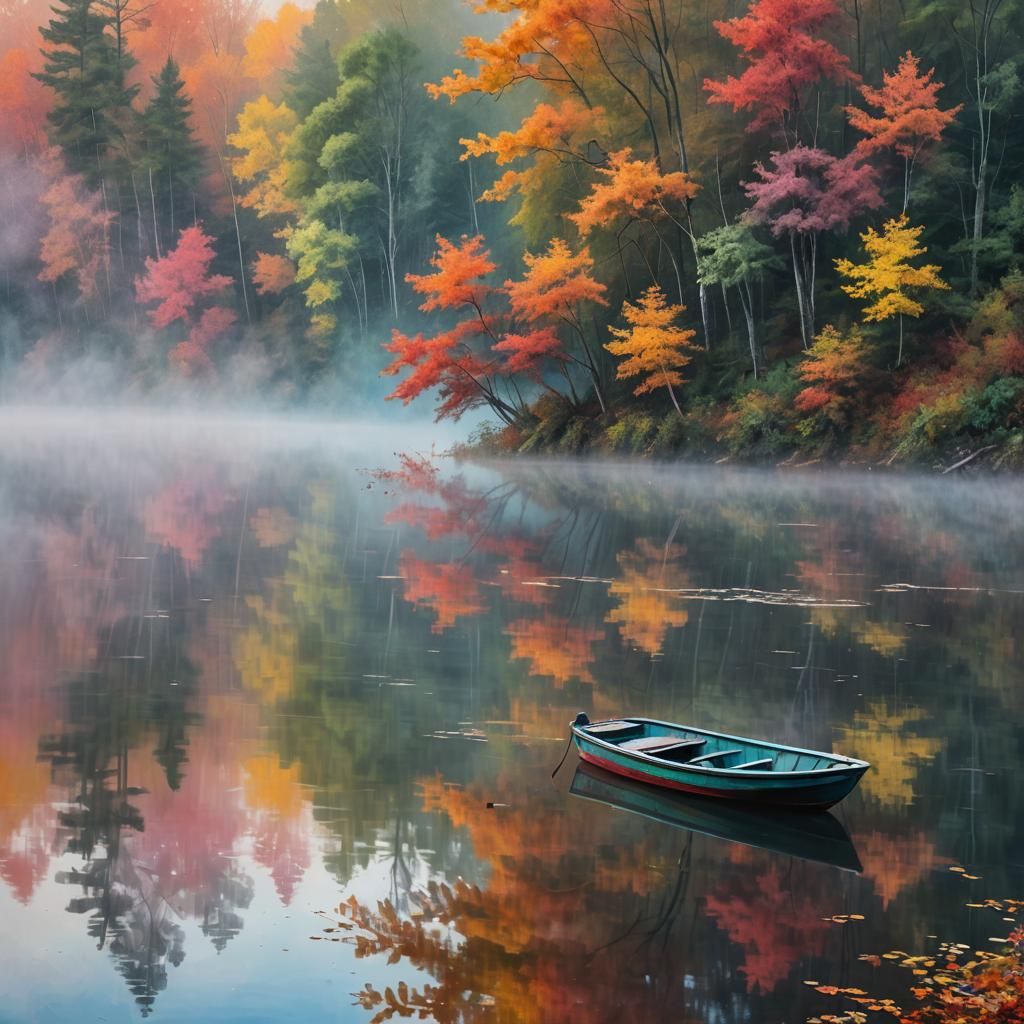 Autumn Lake: Impressionist Street Art in Digital Gouache