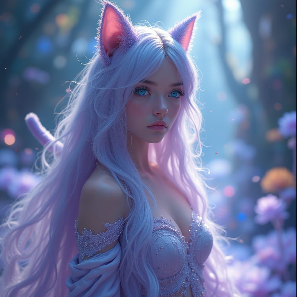 Enchanted Feline Maiden in Lavender Hues with Glowing Landsc...