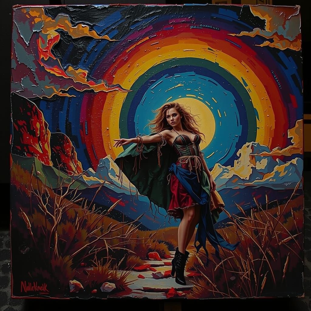 Glamorous Woman on Windswept Moor at Twilight, Expressive Oi...