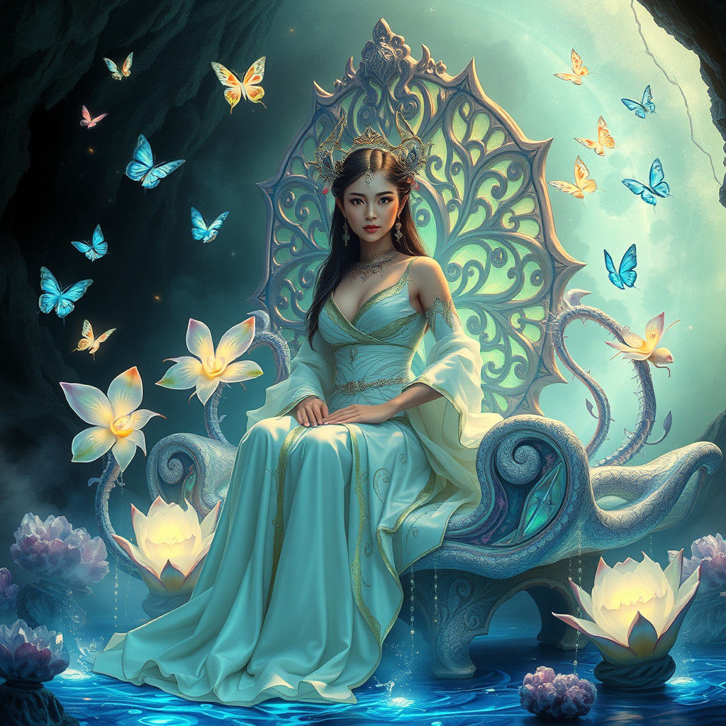 Elegant Asian Elf Princess on Opal Throne