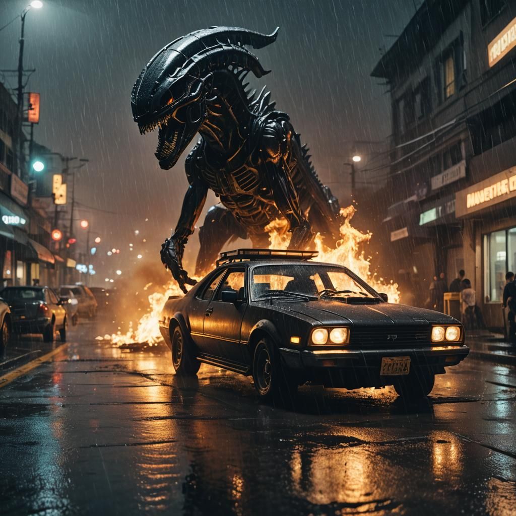 Xenomorph and Burning Car: Cinematic Film Still