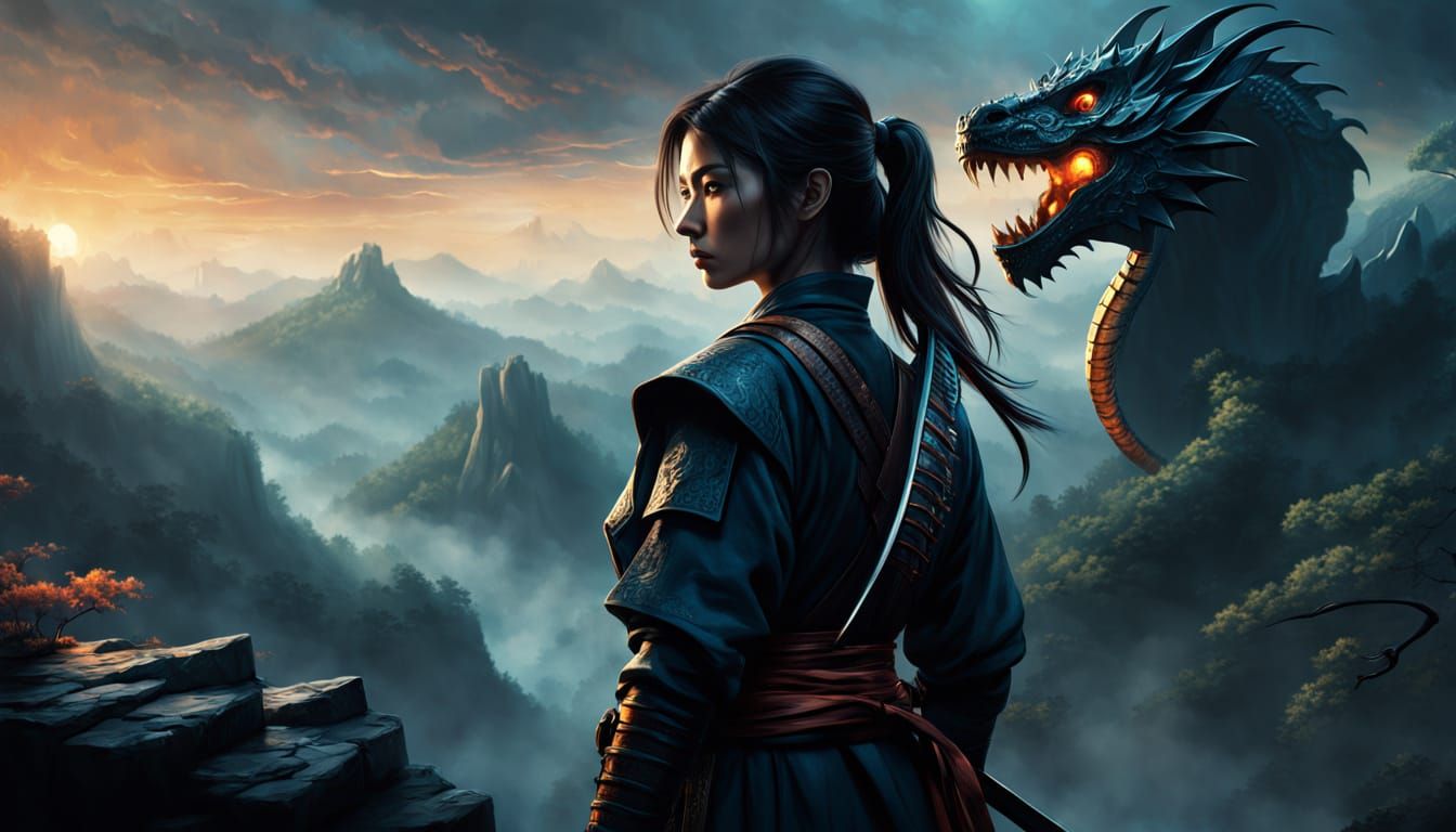 Ninja and Dragon in a Vibrant Oil Painting Style