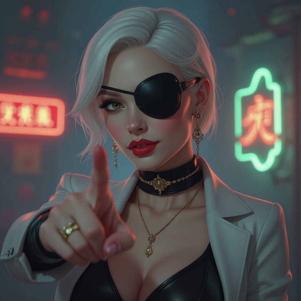 Albino Woman Points at Viewer in Cyberpunk Style