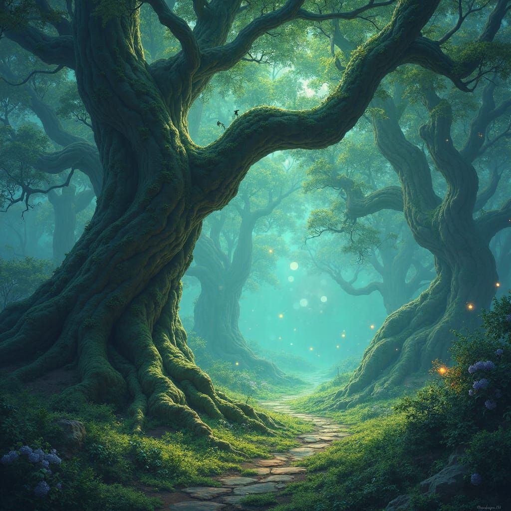 Mystical Forest with Glowing Orbs and Aurora Sky