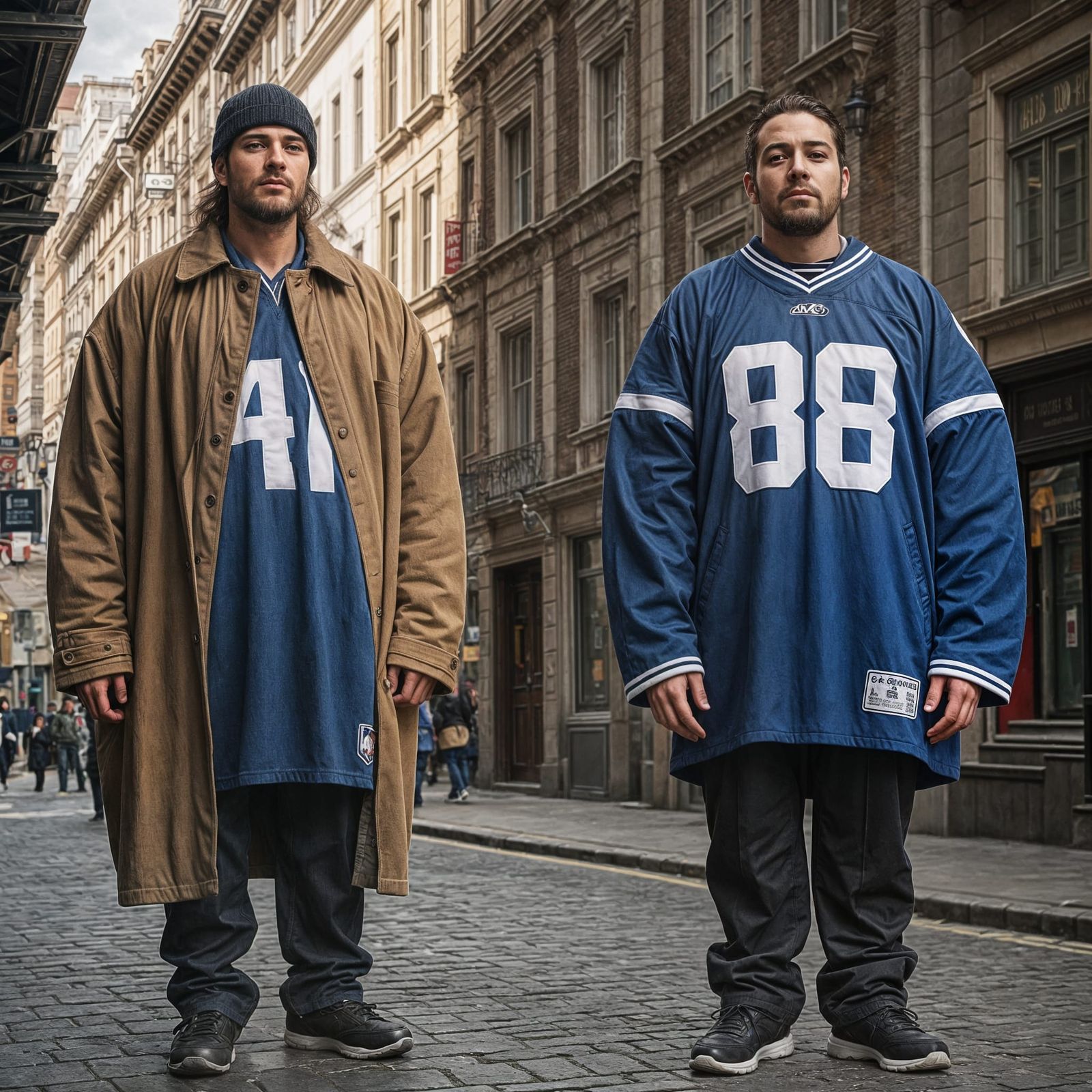 People in Oversized Clothes on a City Street