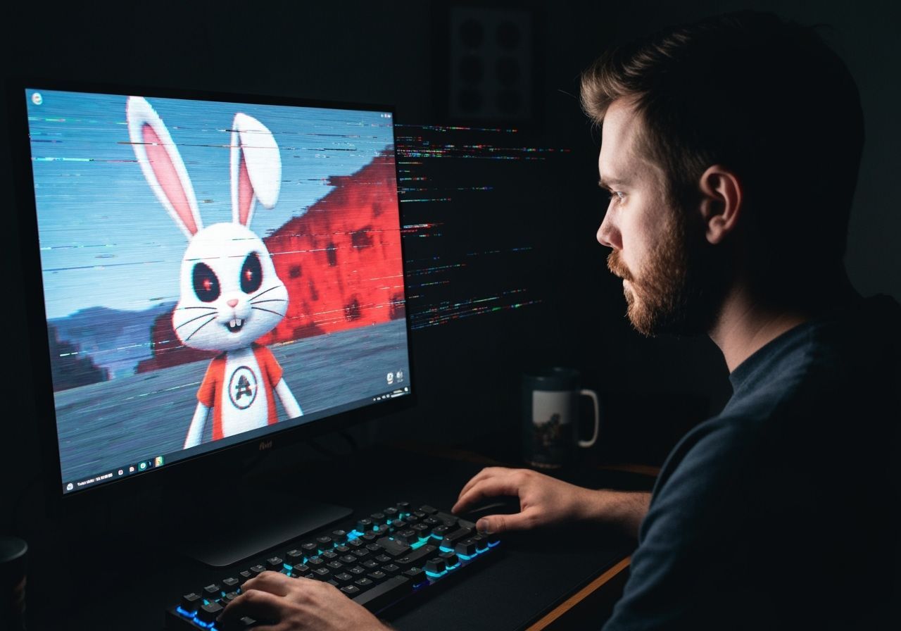Gamer Immersed in Glitchy Mascot Horror Game