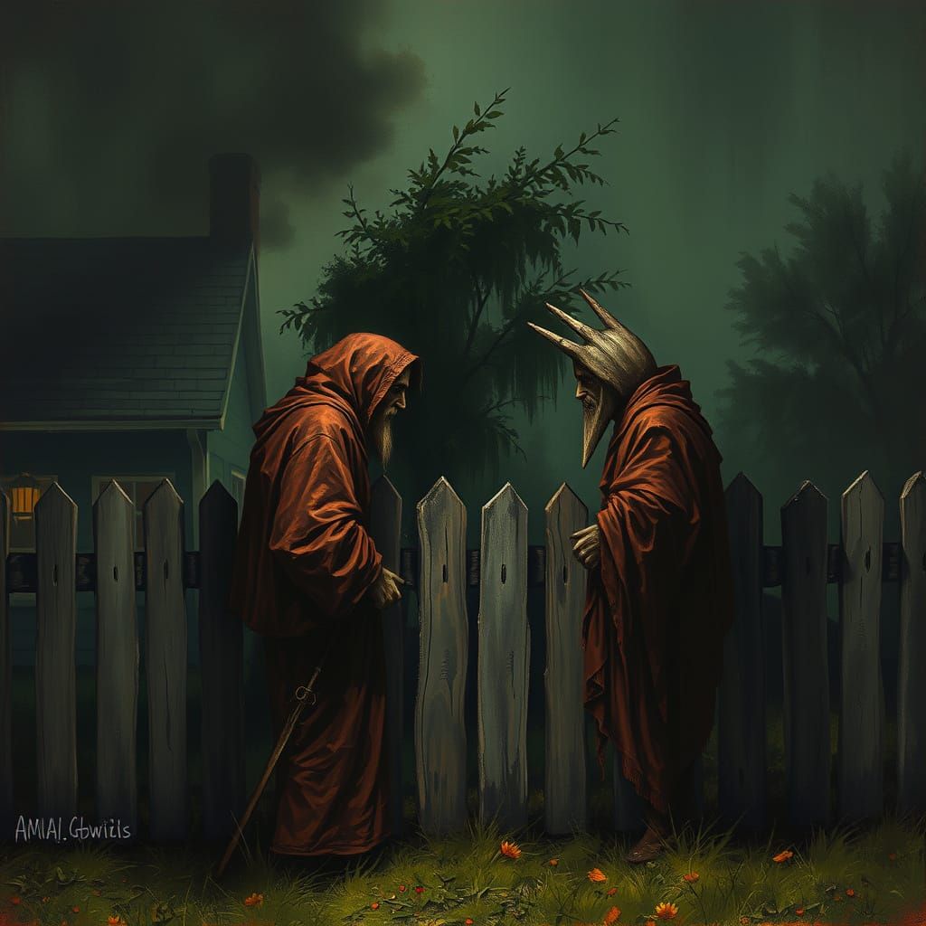 Horror Scene: Neighbors Chatting Across Fence