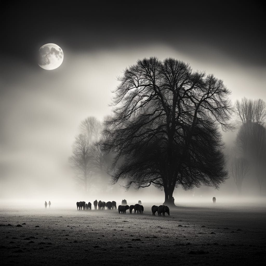Misty Cityscape Under Crescent Moon, Leica Photography