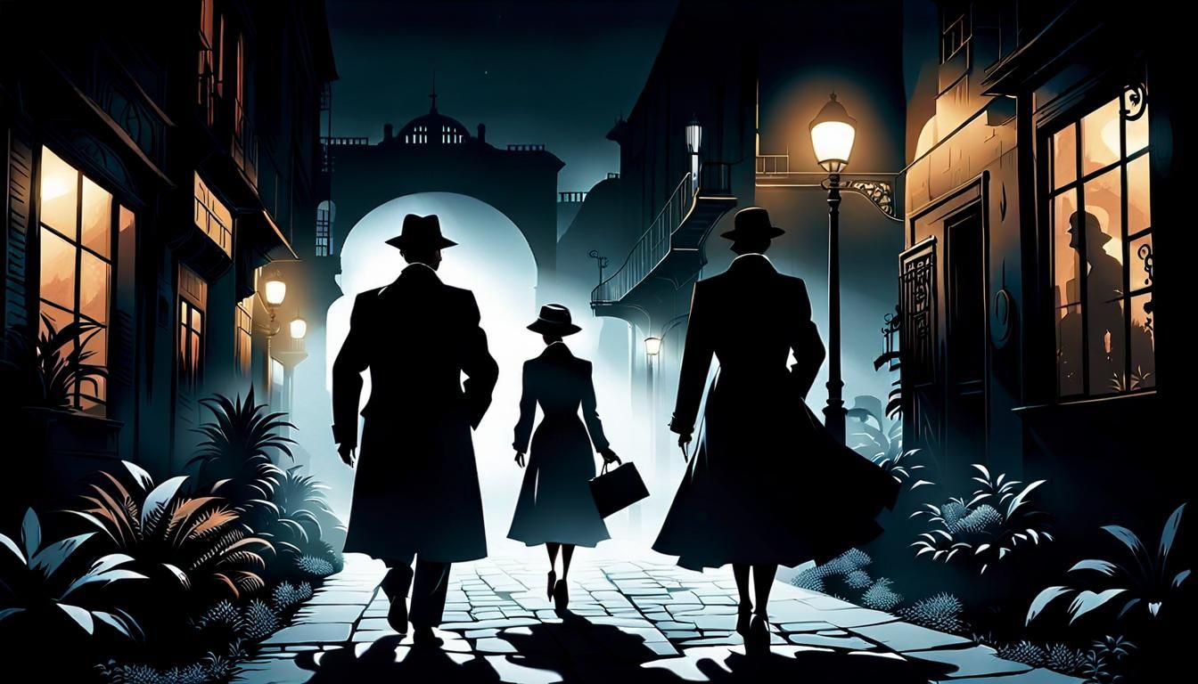 Film Noir Silhouettes in a Midnight Garden