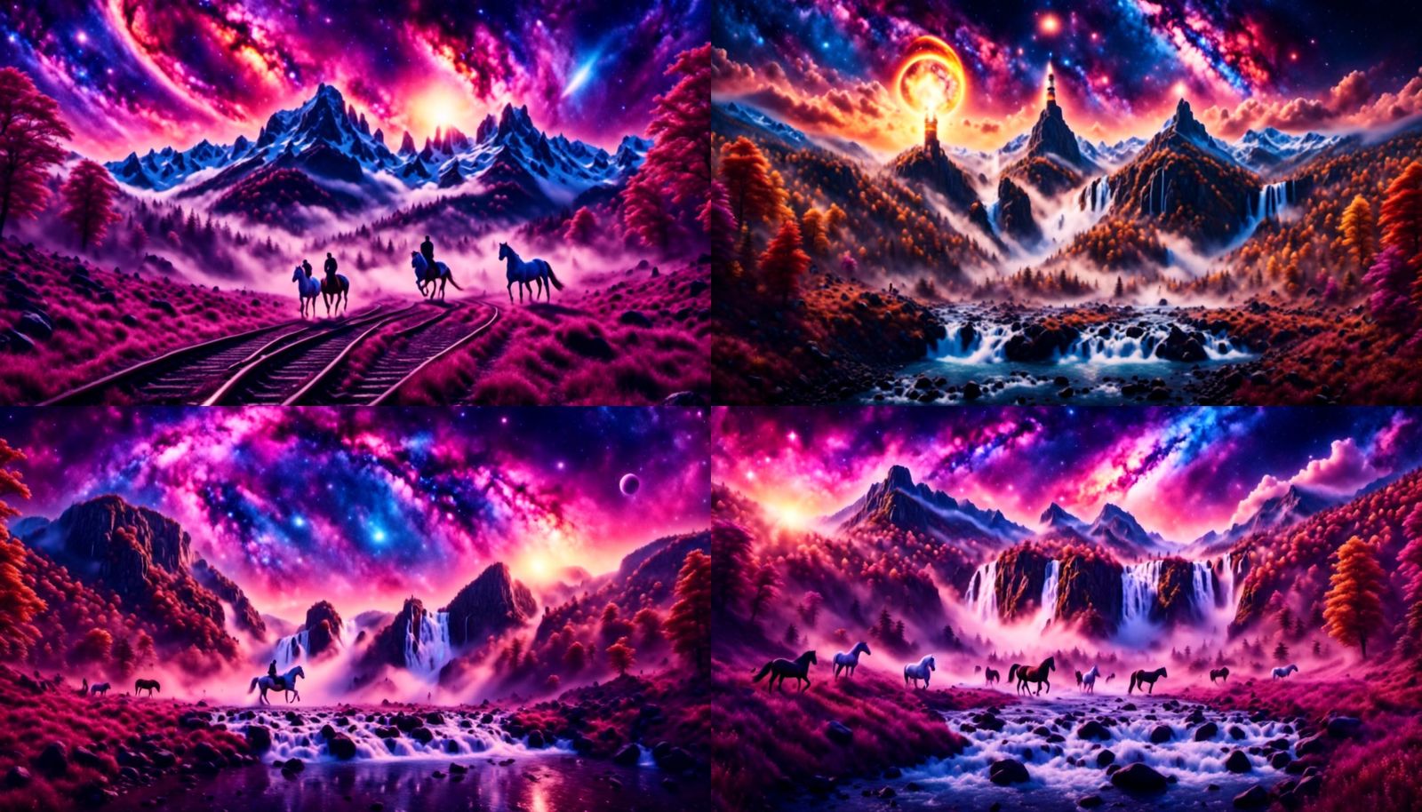 Celestial Horses Galloping Across Starry Waterfall