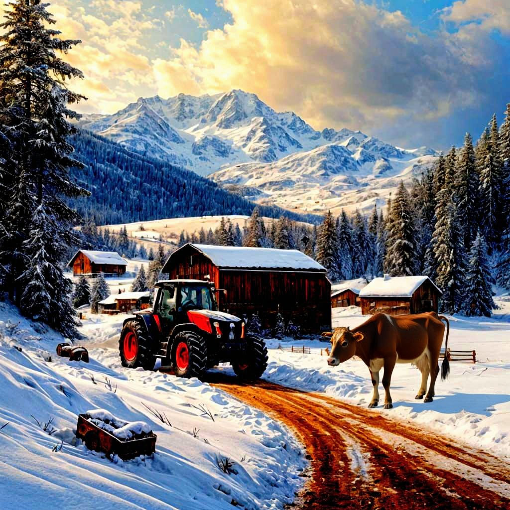 Hyperrealistic Alpine Landscape With Snowing Cow Barn and Tr...