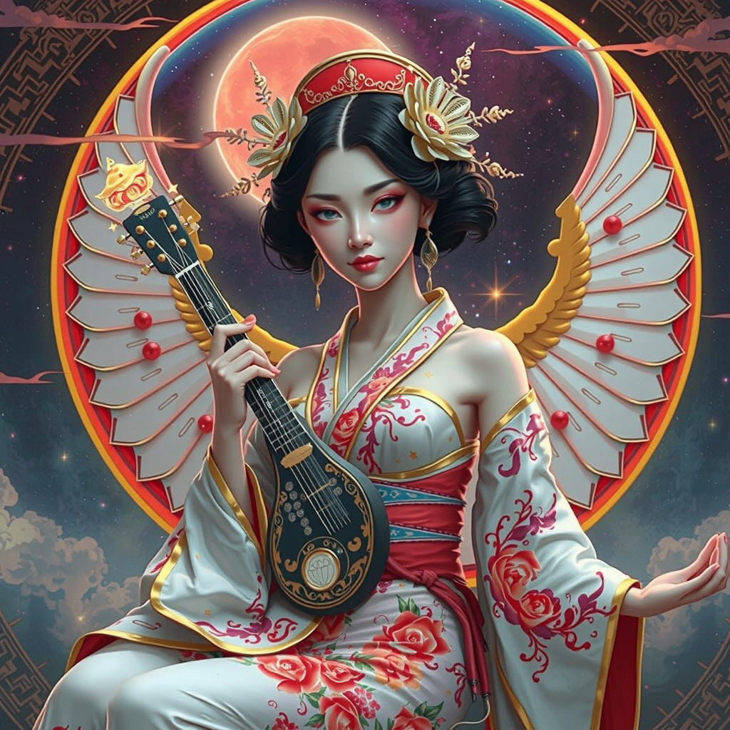Majestic Geisha Angel Surrounded by Cosmic Landscape in Stun...