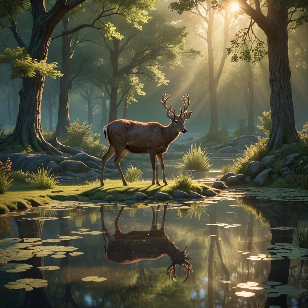 Deer at Pond: 3D Rendered Concept Art
