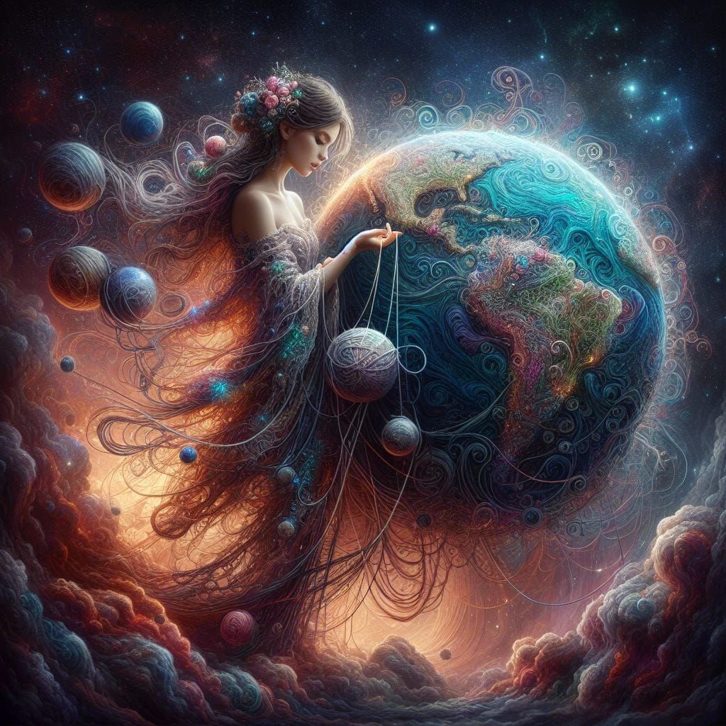 Cosmic Goddess Crocheting Earth: Digital Art