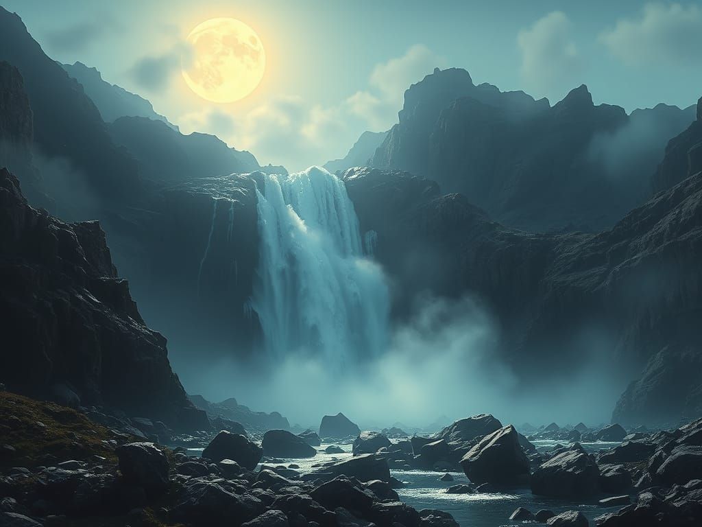 Moonlit Waterfall in Cinematic Digital Painting Style