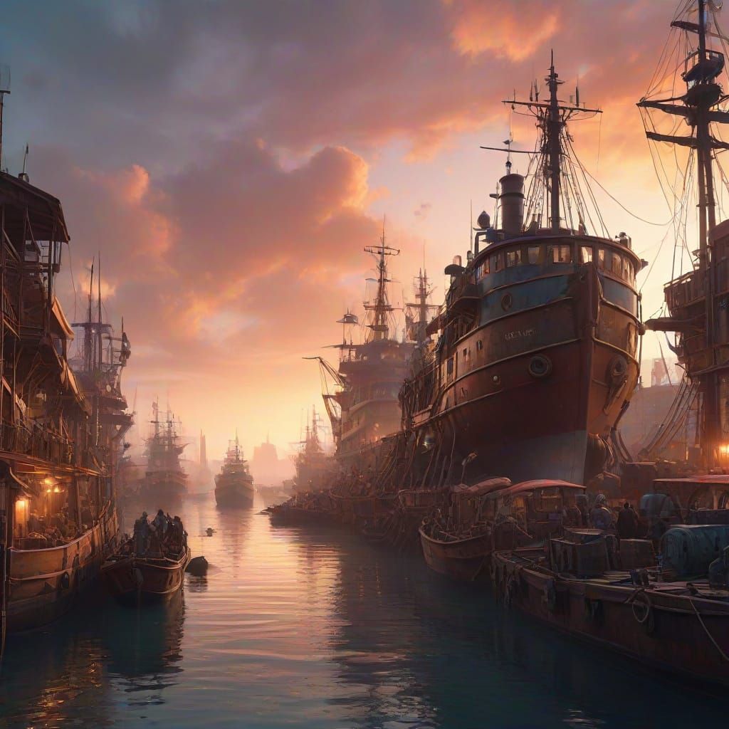 Steampunk Harbor at Dawn: Industrial Fantasy Art
